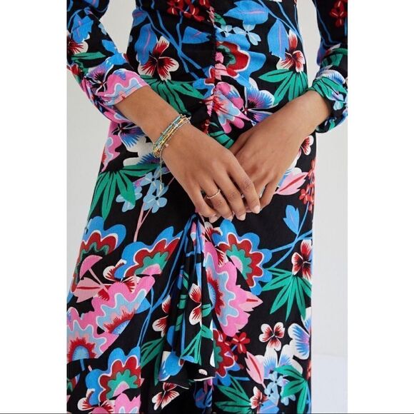 NEW Anthropologe Maeve Ruched V-Neck Black Floral High-Low Maxi Dress Size 14 - Picture 10 of 10
